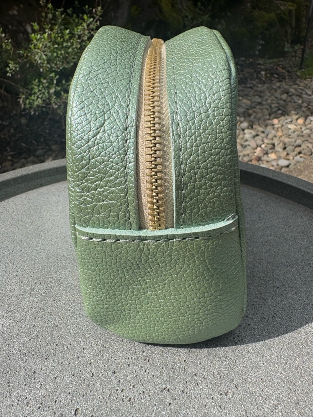 PLG WONDER Pouch Metallic Green Pebbled Leather Beetle Zip Makeup Bag Travel - Picture 5 of 12